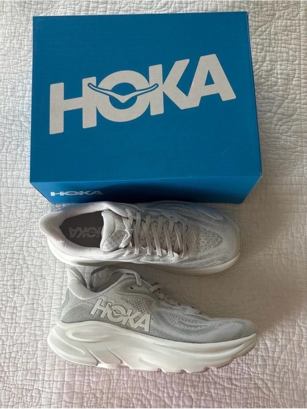 Hoka Light Gray and White Running Sneakers